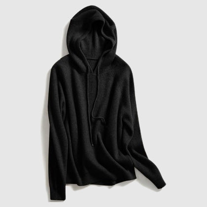 Isla Ribbed Drawstring Hood Relaxed Fit Hooded Sweater | Solid Long Sleeve Sweater