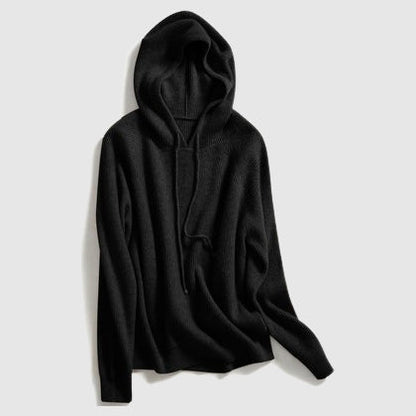 Isla Ribbed Drawstring Hood Relaxed Fit Hooded Sweater | Solid Long Sleeve Sweater