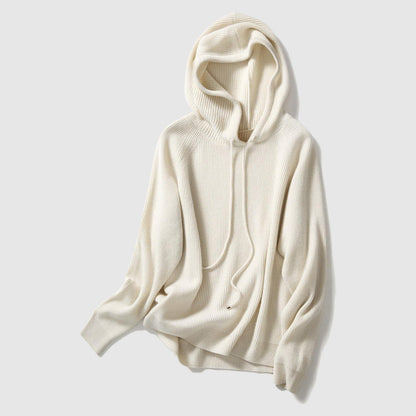 Isla Ribbed Drawstring Hood Relaxed Fit Hooded Sweater | Solid Long Sleeve Sweater