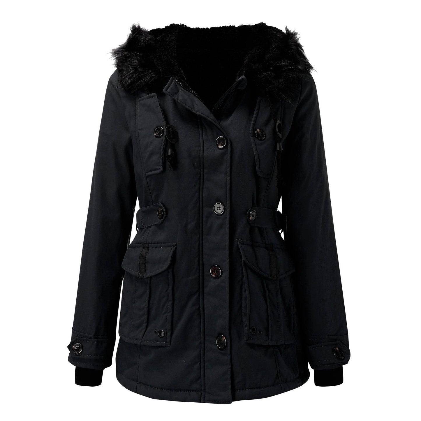 Siesta Hooded Parka Coat | Fur Trim Button Front Mid-Thigh Coat