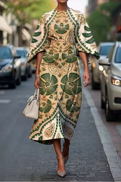 Women’s Midi Dress – A-Line Fit – Luxury Fabric – Geometric Print – Elbow Sleeve