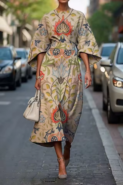 Women’s Midi Dress – A-Line Fit – Luxury Fabric – Geometric Print – Elbow Sleeve