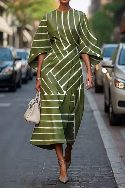 Women’s Midi Dress – A-Line Fit – Luxury Fabric – Geometric Print – Elbow Sleeve