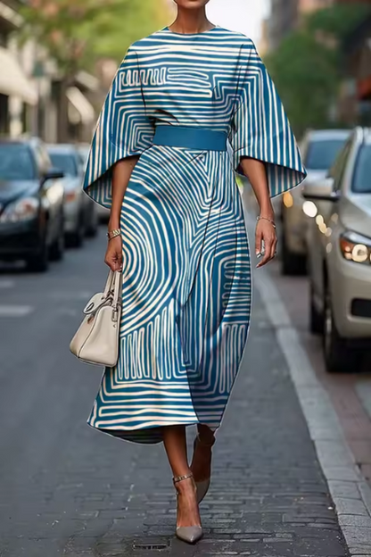 Women’s Midi Dress – A-Line Fit – Luxury Fabric – Geometric Print – Elbow Sleeve