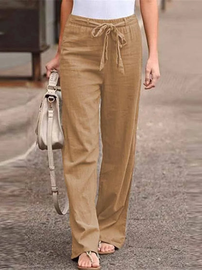 Women’s Wide-Leg Trousers – High Waist – Breathable Blend – Fabric Belt – Full Length