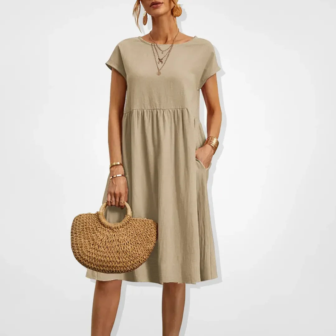 Women's Knee-Length Dress - Relaxed Fit - Short Sleeve - Gathered Waist - Lightweight Fabric