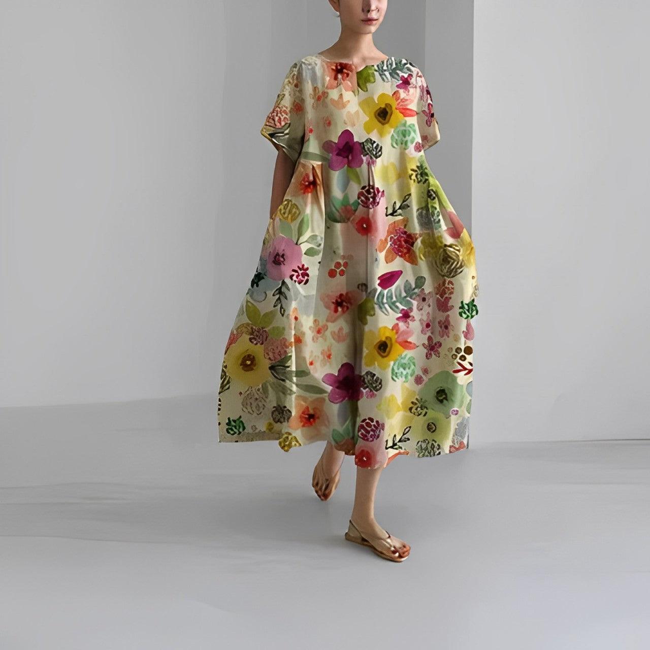 Women's Midi Dress - Loose Fit A-Line - Short Sleeve Round Neck - Floral Print