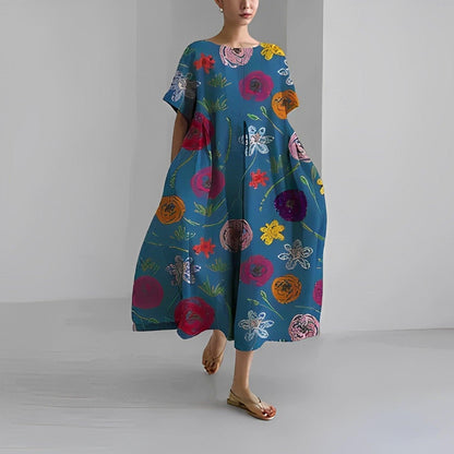 Women's Midi Dress - Loose Fit A-Line - Short Sleeve Round Neck - Floral Print