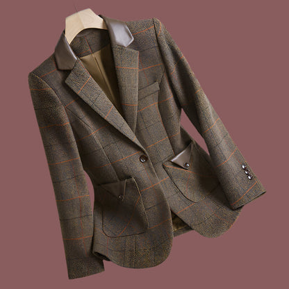 Women’s Blazer – Tailored Fit – Plaid Pattern – Single Button – Professional Style