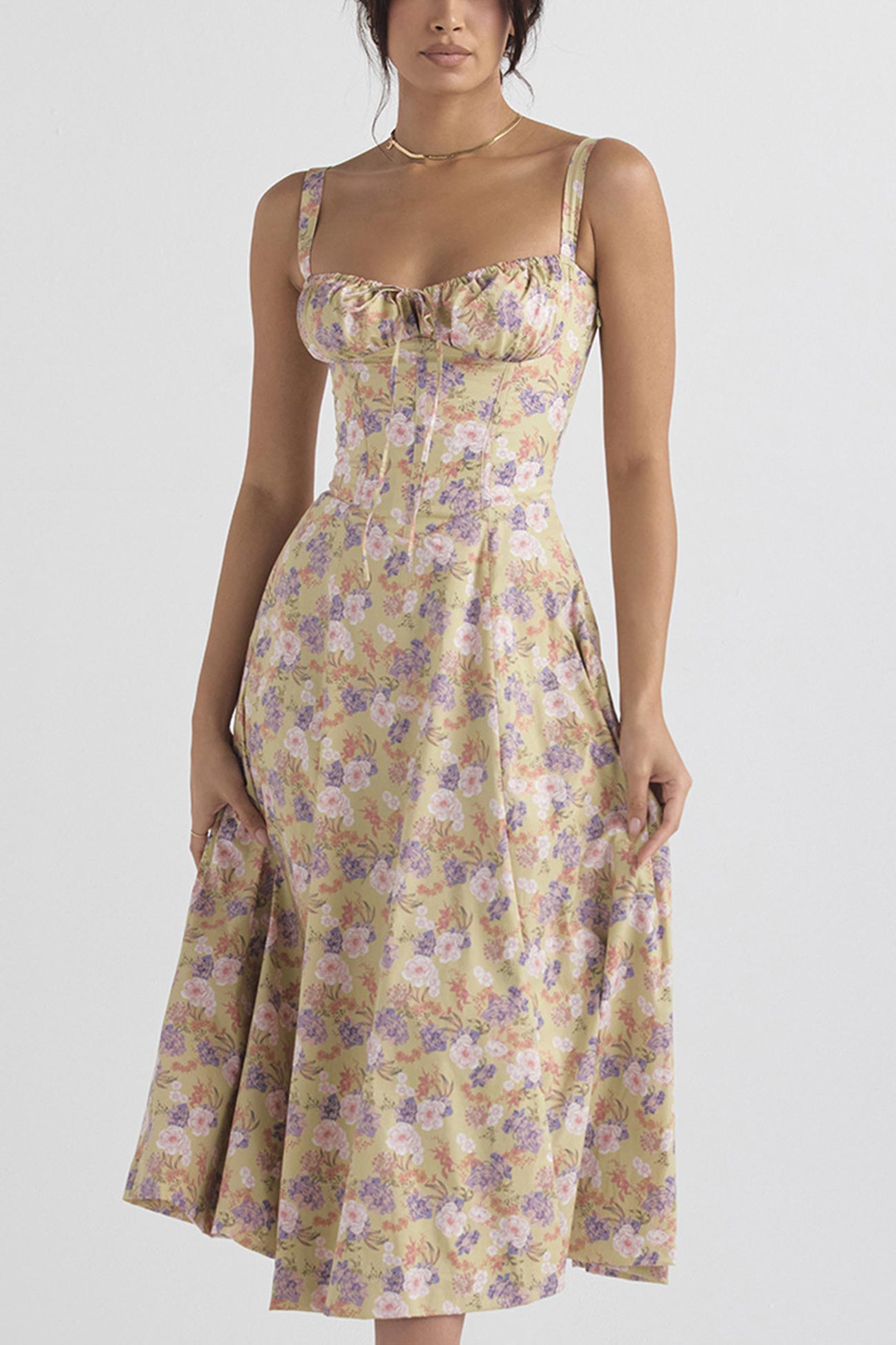 Women's Midi Dress - Corset Bodice - Sweetheart Neckline - High Slit Elegant Fit