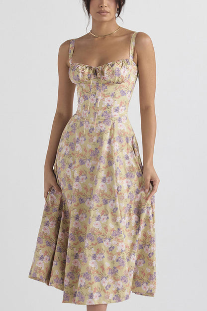 Women's Midi Dress - Corset Bodice - Sweetheart Neckline - High Slit Elegant Fit