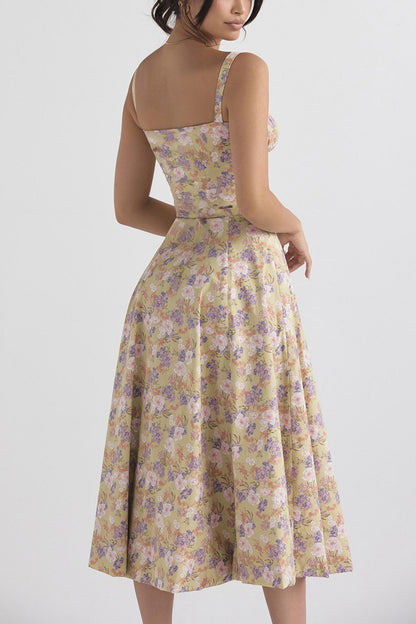 Women's Midi Dress - Corset Bodice - Sweetheart Neckline - High Slit Elegant Fit