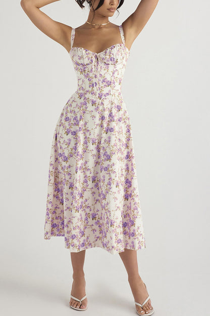 Women's Midi Dress - Corset Bodice - Sweetheart Neckline - High Slit Elegant Fit