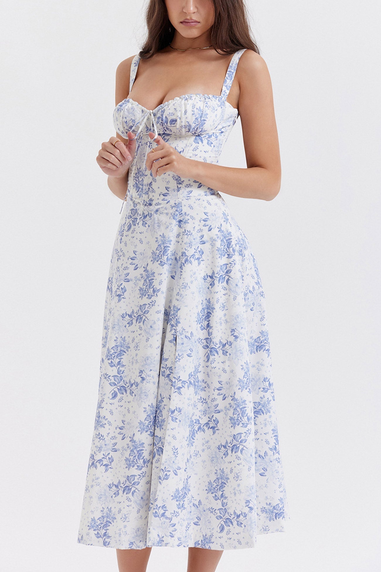 Women's Midi Dress - Corset Bodice - Sweetheart Neckline - High Slit Elegant Fit