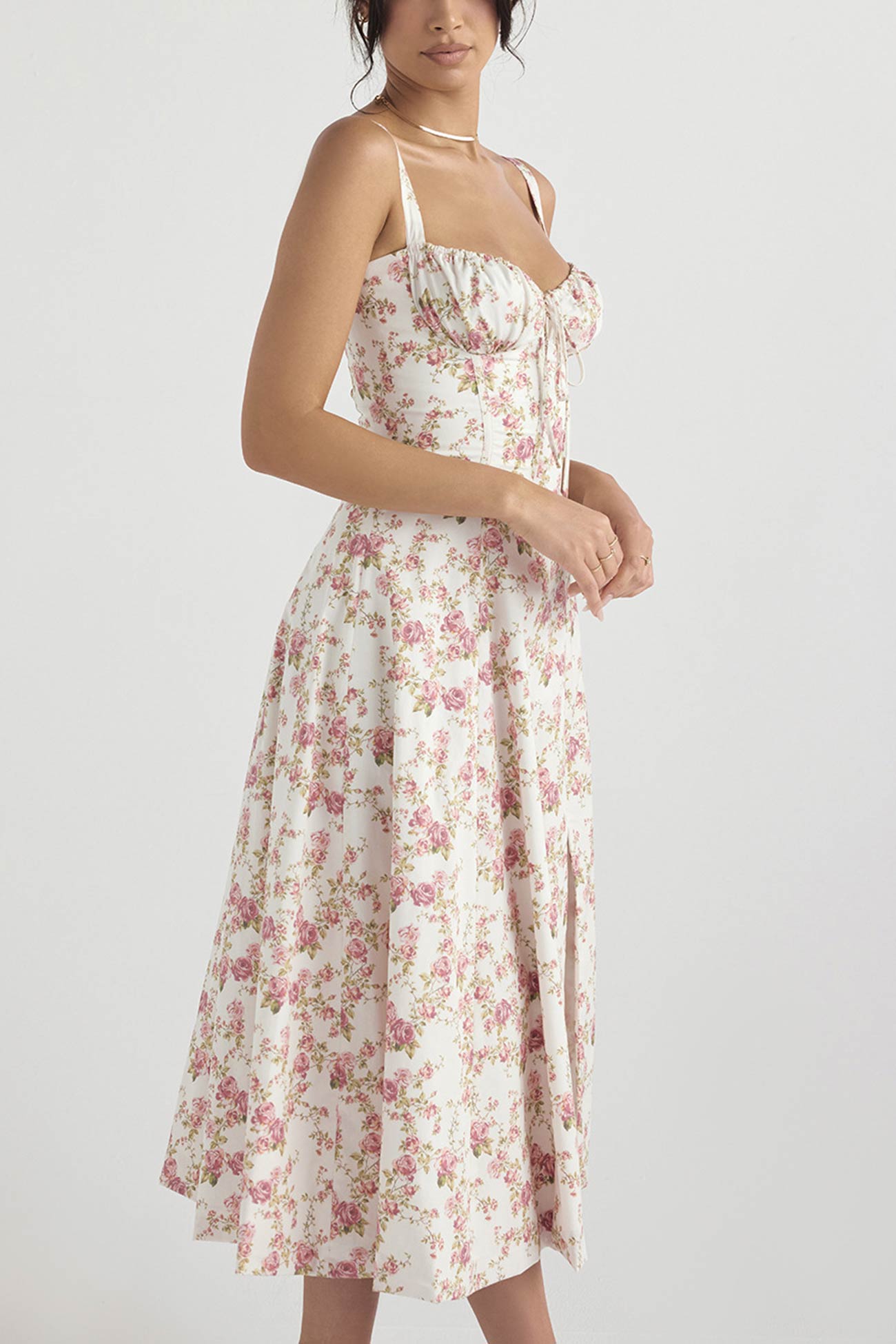 Women's Midi Dress - Corset Bodice - Sweetheart Neckline - High Slit Elegant Fit