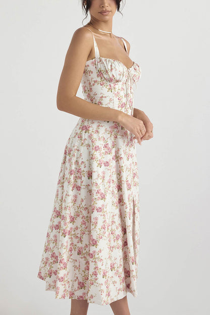 Women's Midi Dress - Corset Bodice - Sweetheart Neckline - High Slit Elegant Fit