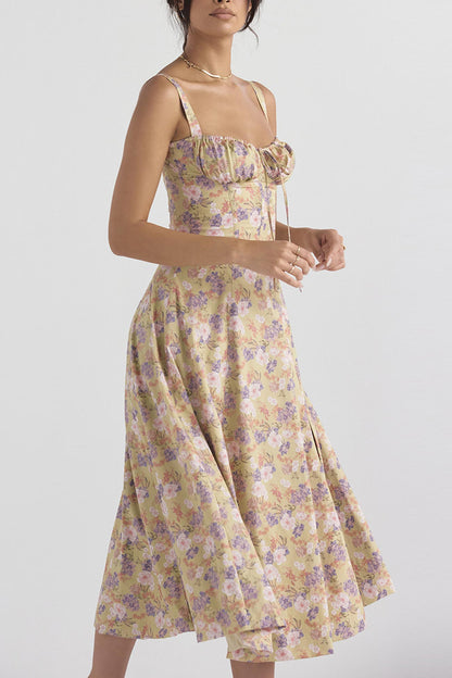 Women's Midi Dress - Corset Bodice - Sweetheart Neckline - High Slit Elegant Fit