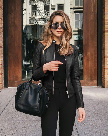 Women’s Biker Jacket – Genuine Leather – Slim Fit – Cropped Waist – Zippered Cuffs