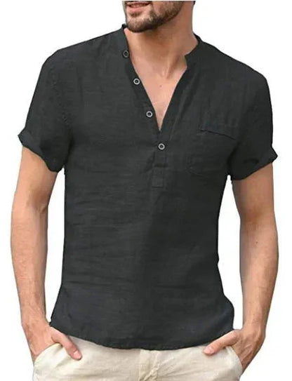 Men’s Short Sleeve Shirt – Natural Fibers – Regular Fit – Band Collar – Chest Pocket