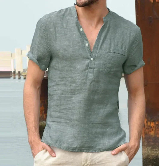 Men’s Short Sleeve Shirt – Natural Fibers – Regular Fit – Band Collar – Chest Pocket