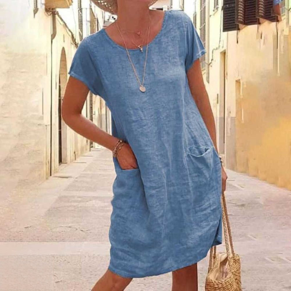 Women’s Knee-Length Dress – Relaxed Fit – Short Sleeve – Natural Fibers – Minimalist Style