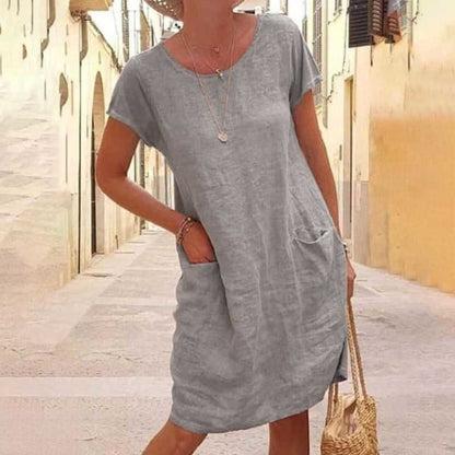 Women’s Knee-Length Dress – Relaxed Fit – Short Sleeve – Natural Fibers – Minimalist Style