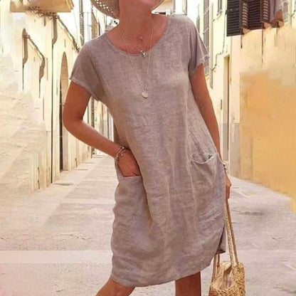 Women’s Knee-Length Dress – Relaxed Fit – Short Sleeve – Natural Fibers – Minimalist Style