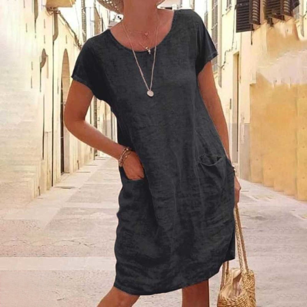 Women’s Knee-Length Dress – Relaxed Fit – Short Sleeve – Natural Fibers – Minimalist Style