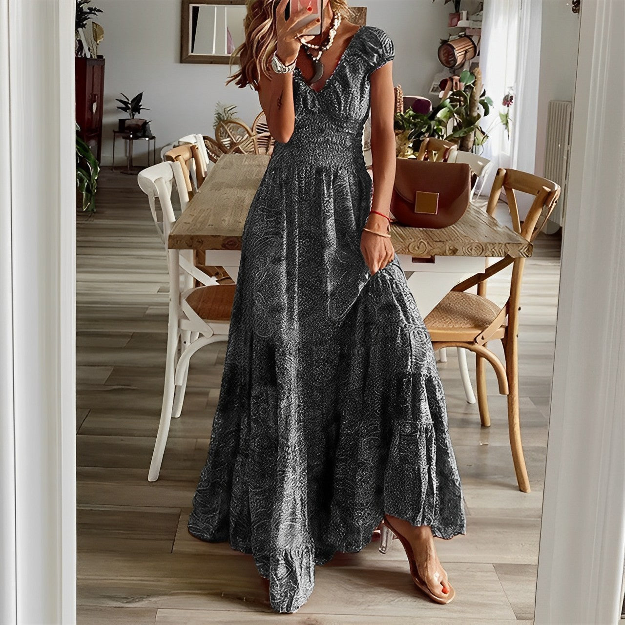 Women’s Maxi Dress – Relaxed Fit – V-Neck – Puff Sleeve – Tiered Skirt – Breathable Blend