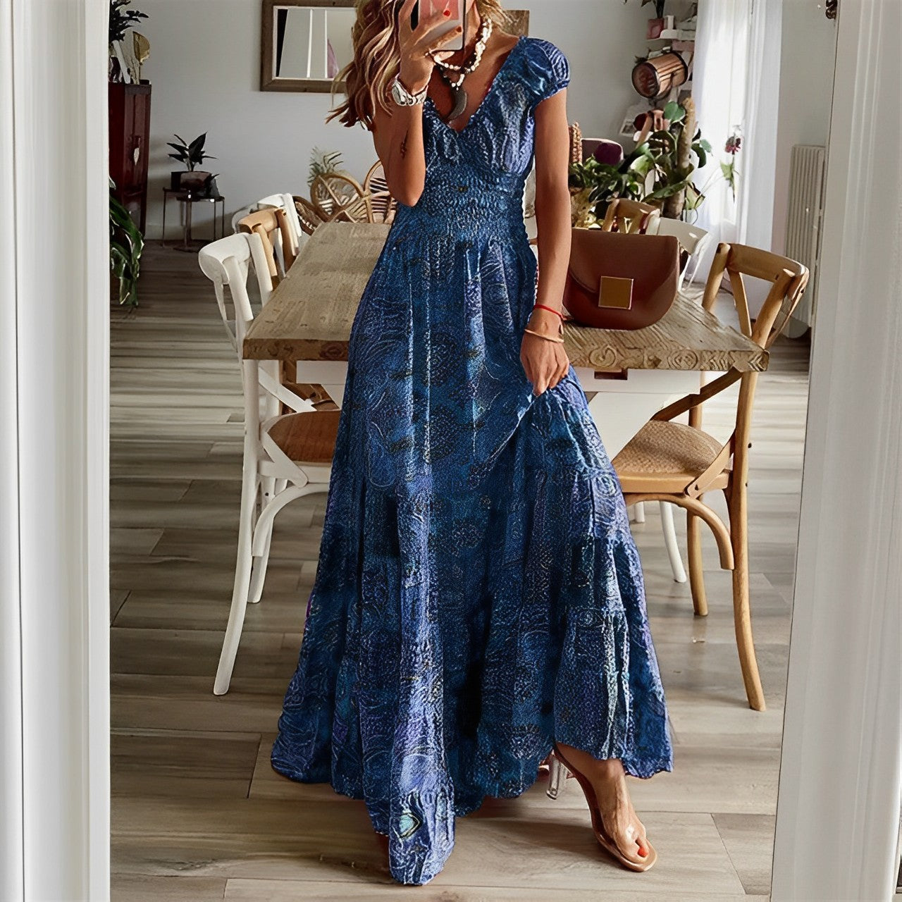 Women’s Maxi Dress – Relaxed Fit – V-Neck – Puff Sleeve – Tiered Skirt – Breathable Blend