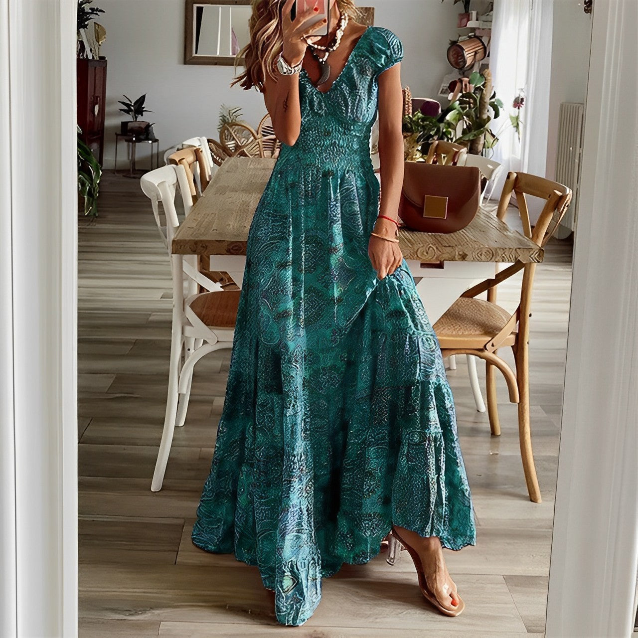 Women’s Maxi Dress – Relaxed Fit – V-Neck – Puff Sleeve – Tiered Skirt – Breathable Blend