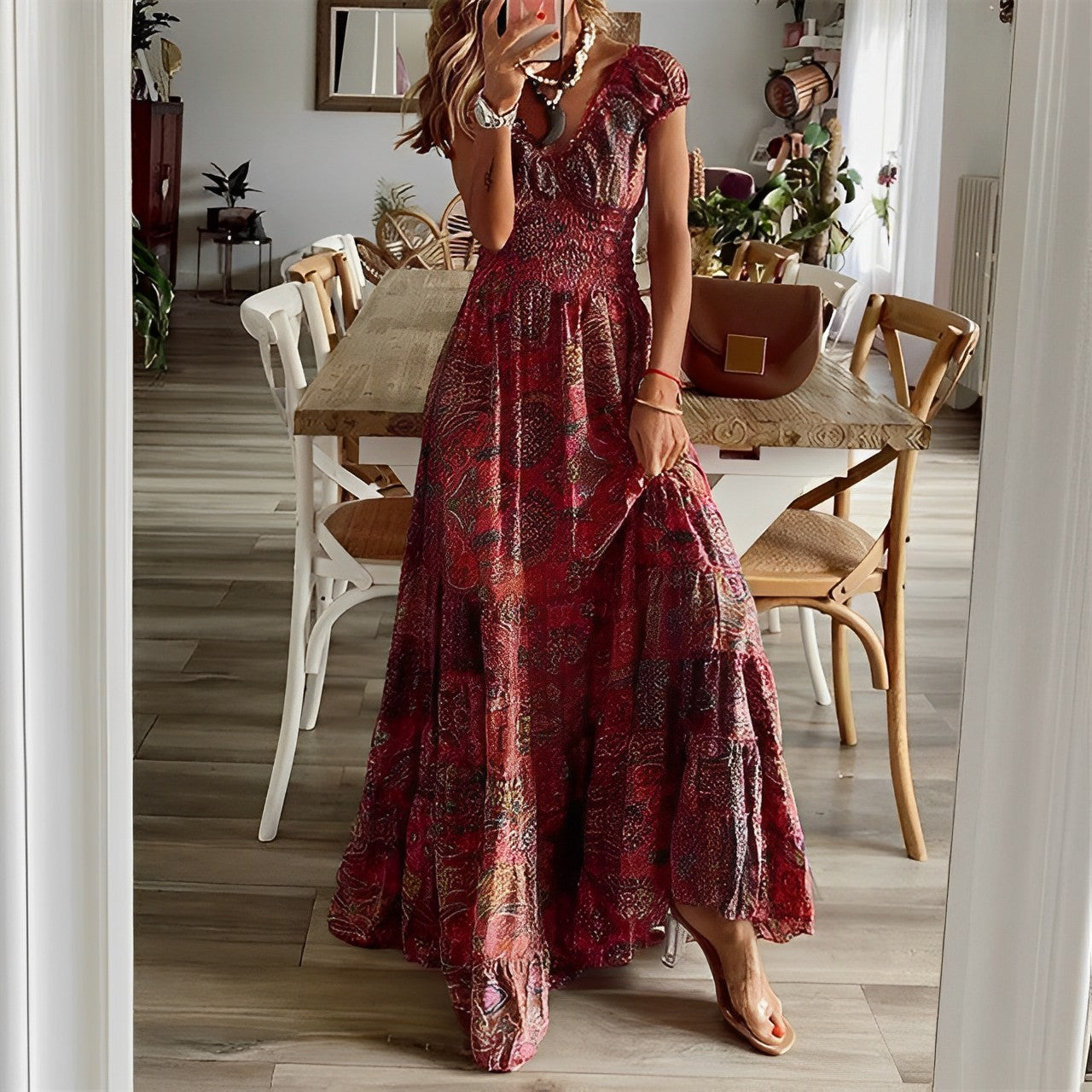 Women’s Maxi Dress – Relaxed Fit – V-Neck – Puff Sleeve – Tiered Skirt – Breathable Blend