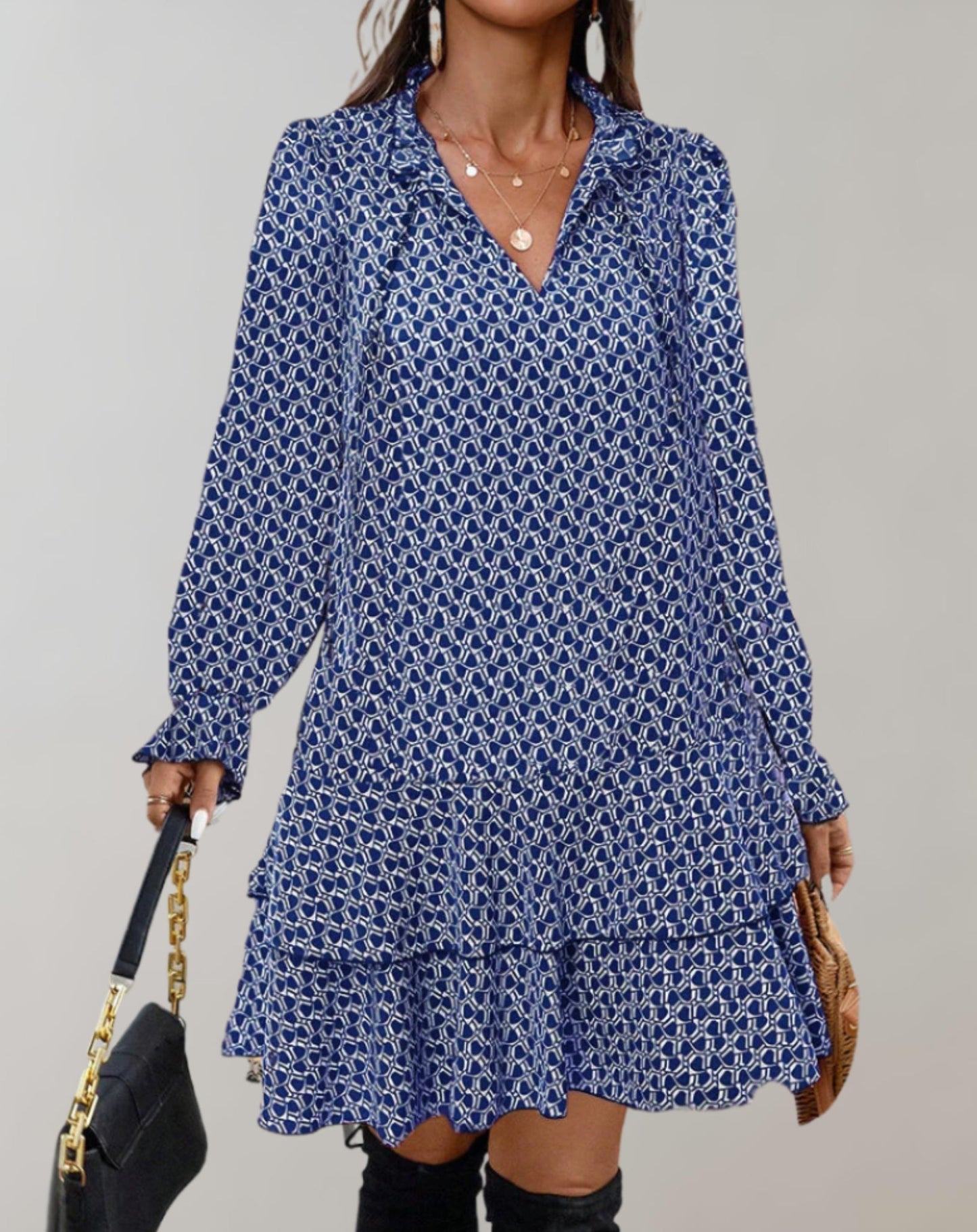 Women's V-Neck Midi Dress - Long Puff Sleeves - Tiered Hem - Flowy A-Line Fit