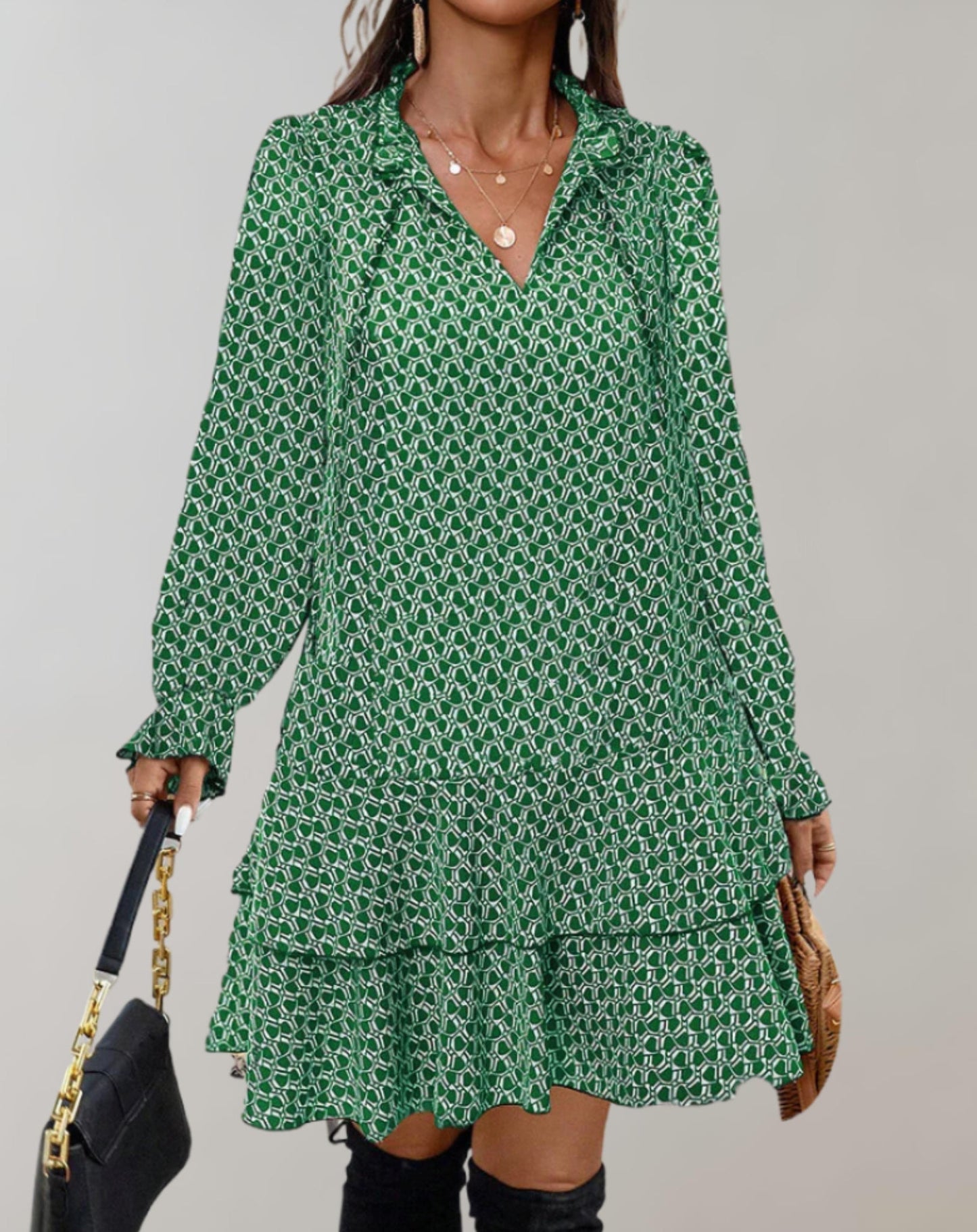 Women's V-Neck Midi Dress - Long Puff Sleeves - Tiered Hem - Flowy A-Line Fit