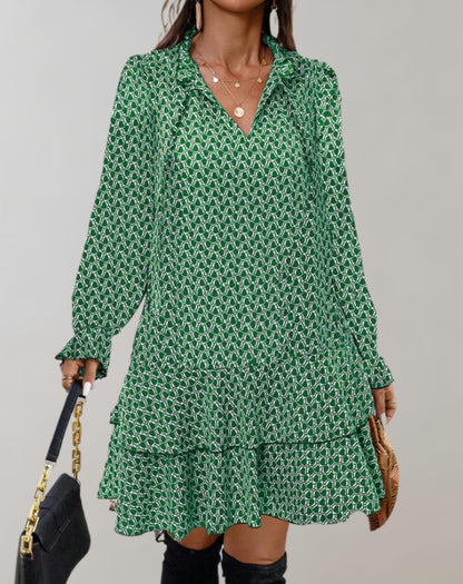 Women's V-Neck Midi Dress - Long Puff Sleeves - Tiered Hem - Flowy A-Line Fit