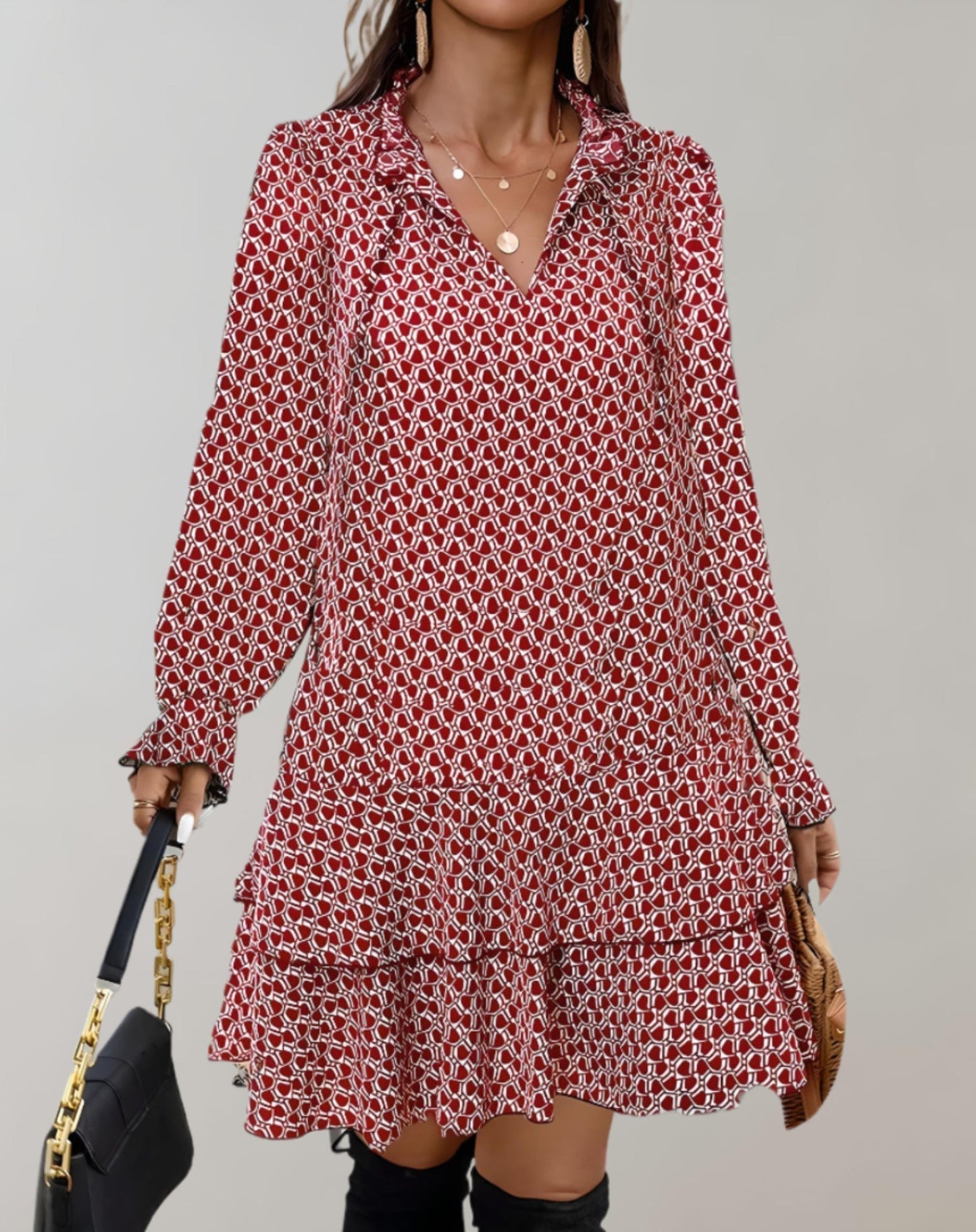 Women's V-Neck Midi Dress - Long Puff Sleeves - Tiered Hem - Flowy A-Line Fit