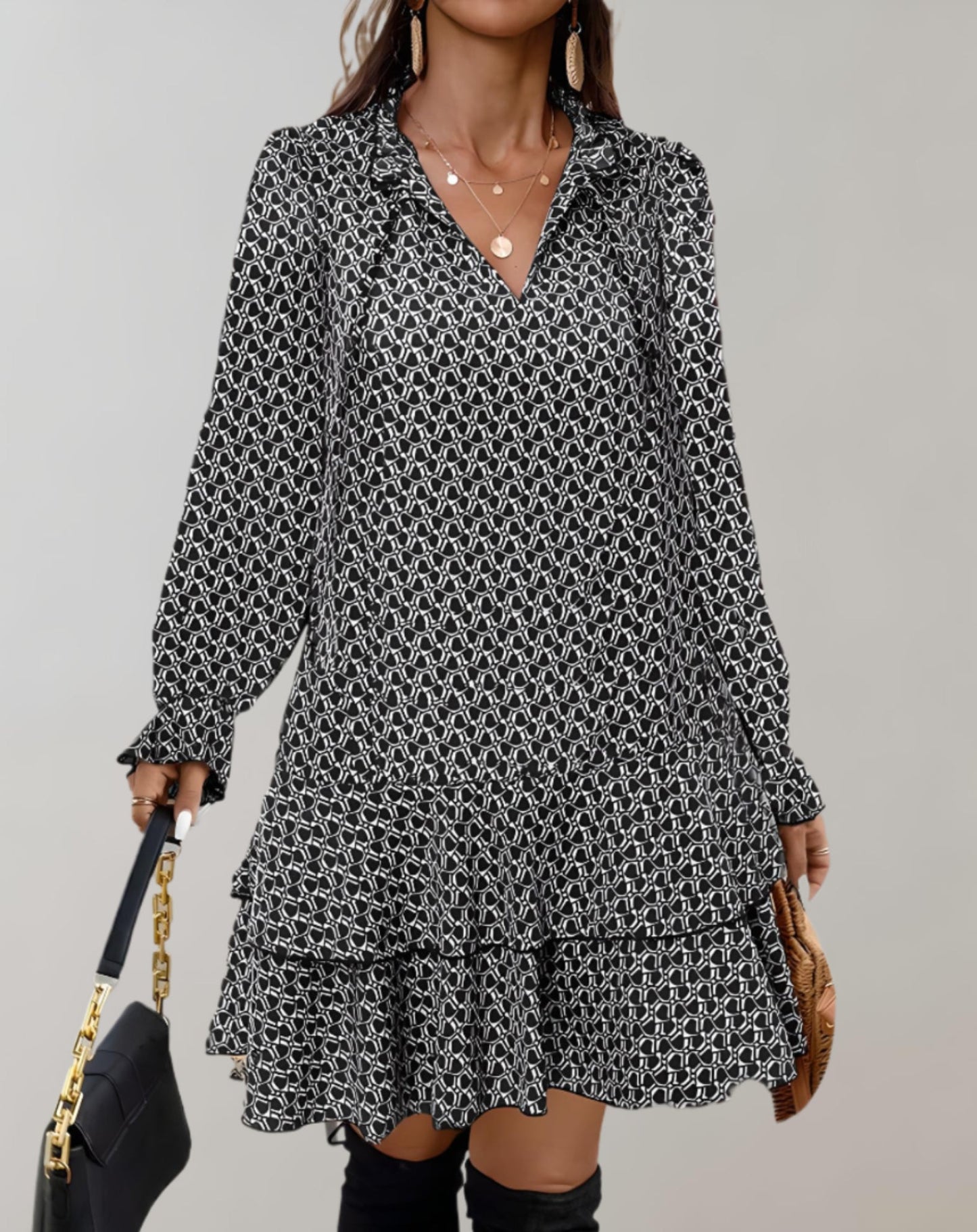 Women's V-Neck Midi Dress - Long Puff Sleeves - Tiered Hem - Flowy A-Line Fit