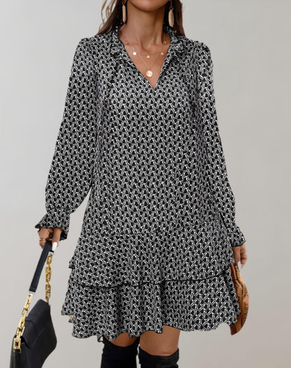 Women's V-Neck Midi Dress - Long Puff Sleeves - Tiered Hem - Flowy A-Line Fit