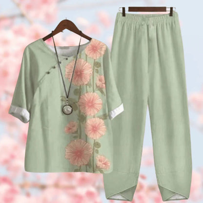 Women’s Two-Piece Set – Relaxed Fit – Cotton Blend – Elbow Sleeve – Button Detail