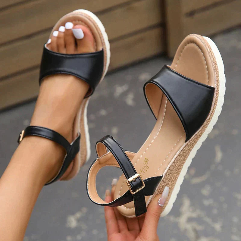 Women’s Wedge Sandals – Open Toe – Ankle Strap – Cushioned Insole – Stable Heel