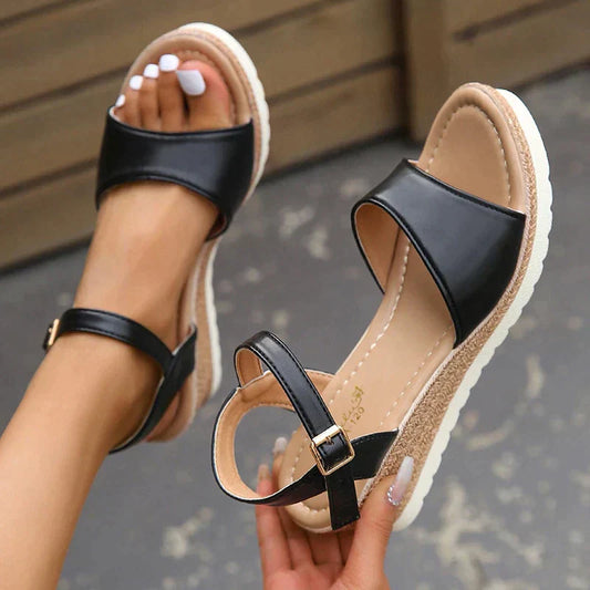 Women’s Wedge Sandals – Open Toe – Ankle Strap – Cushioned Insole – Stable Heel