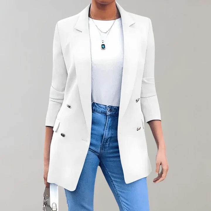 Women's Blazer - Tailored Fit - Smooth Fabric - Double-Breasted - 3/4 Sleeve