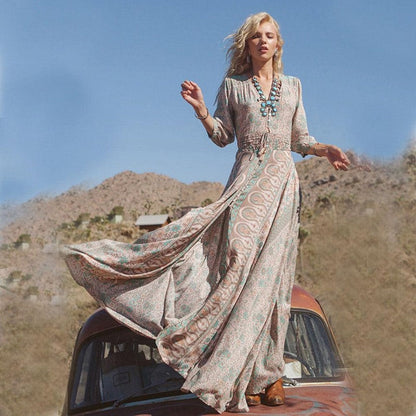 Women’s Maxi Dress – Bohemian Pattern – V-Neck – 3/4 Sleeve – Relaxed Fit – Button Front