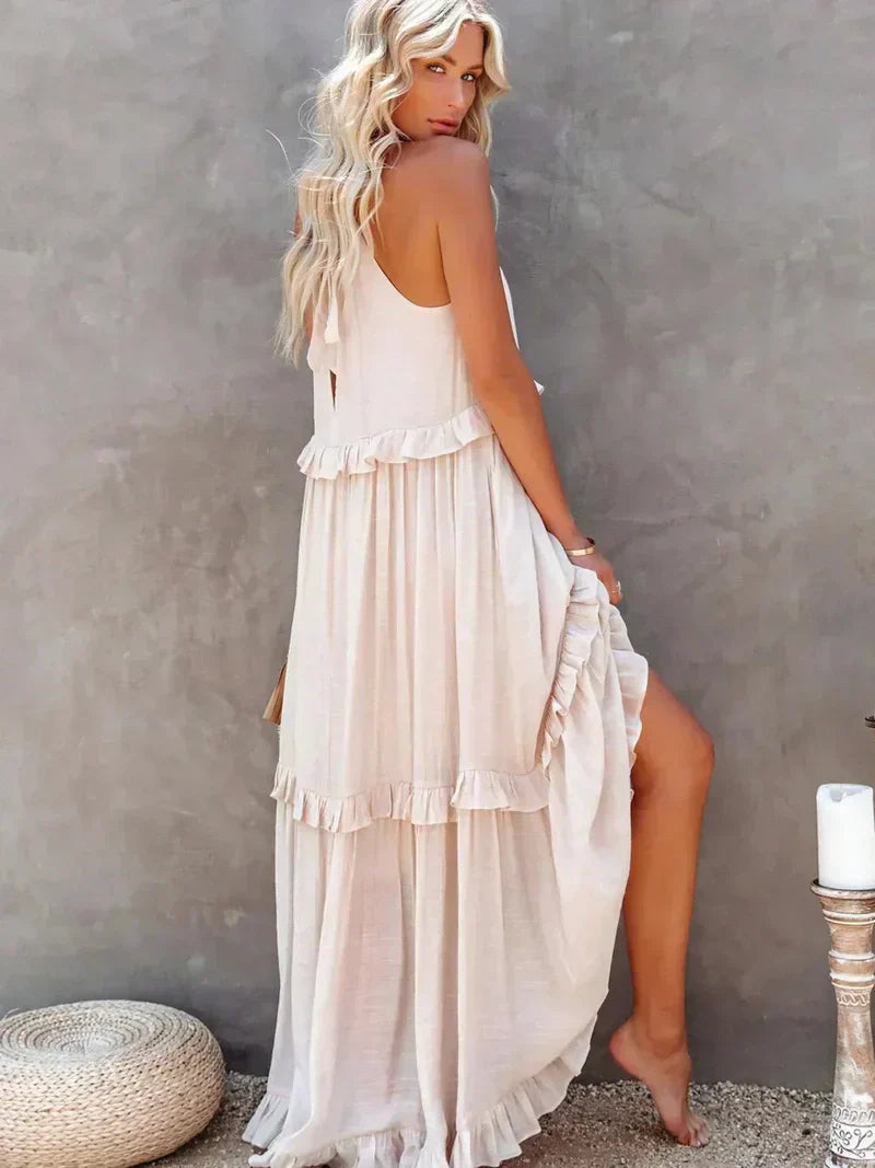 Women’s Maxi Dress – Lightweight Cotton – Halter Neck – Ruffle Tiered – Flowy Fit