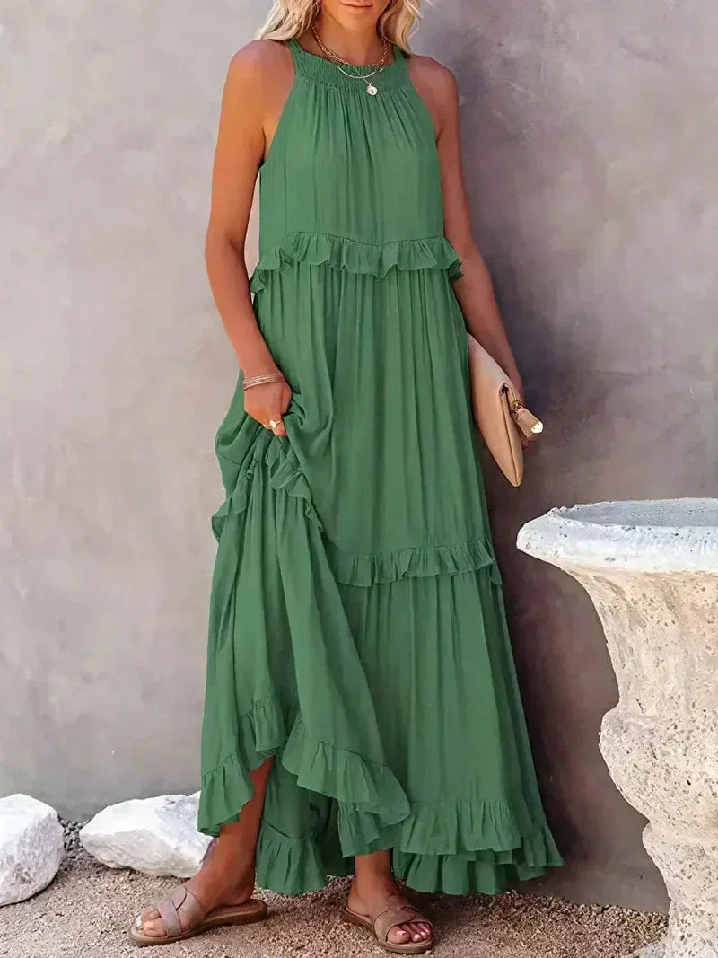 Women’s Maxi Dress – Lightweight Cotton – Halter Neck – Ruffle Tiered – Flowy Fit