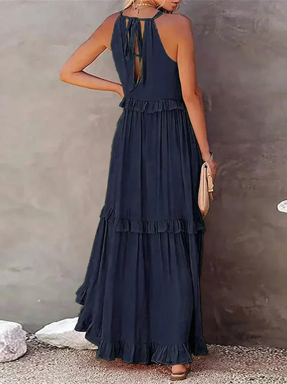 Women’s Maxi Dress – Lightweight Cotton – Halter Neck – Ruffle Tiered – Flowy Fit