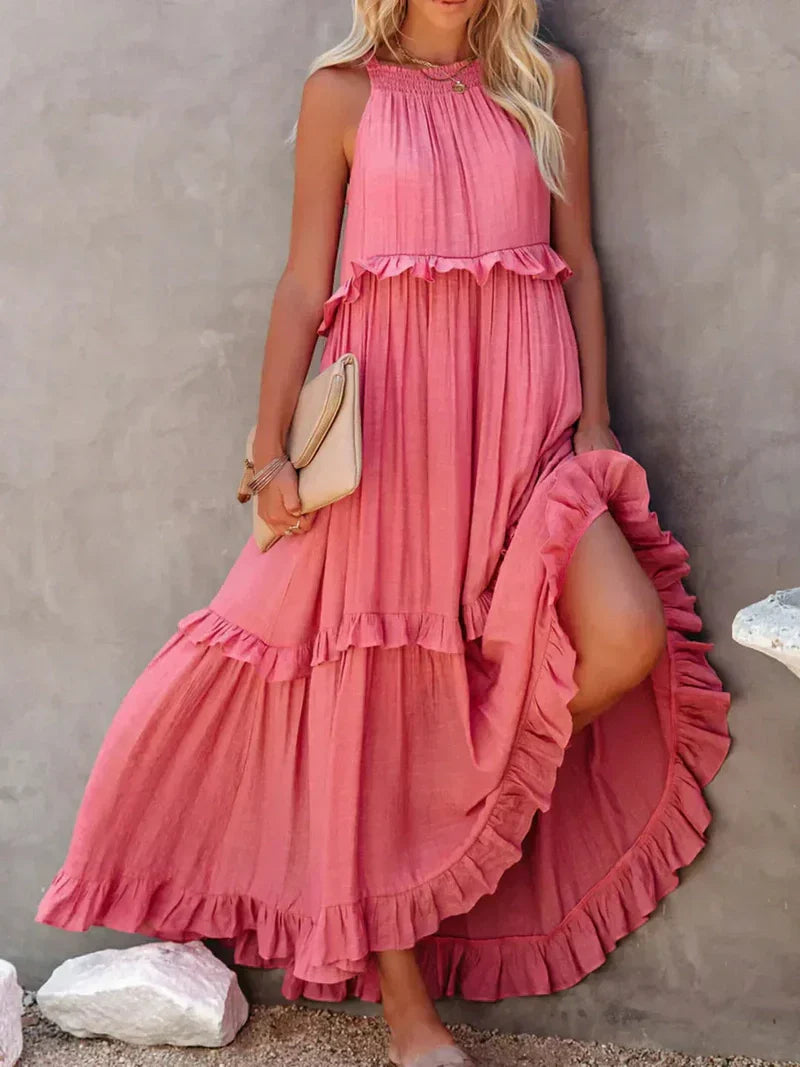 Women’s Maxi Dress – Lightweight Cotton – Halter Neck – Ruffle Tiered – Flowy Fit