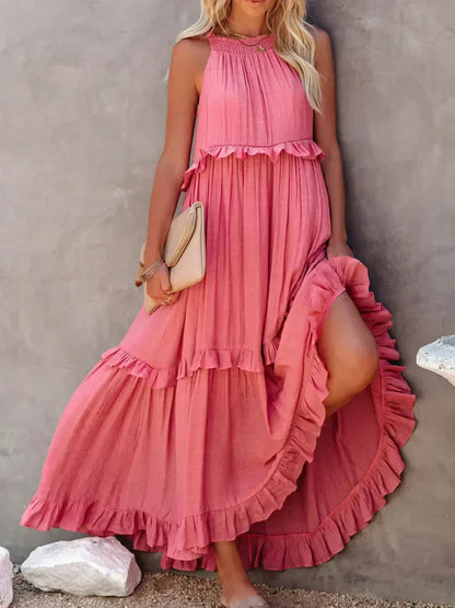 Women’s Maxi Dress – Lightweight Cotton – Halter Neck – Ruffle Tiered – Flowy Fit