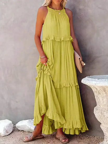 Women’s Maxi Dress – Lightweight Cotton – Halter Neck – Ruffle Tiered – Flowy Fit