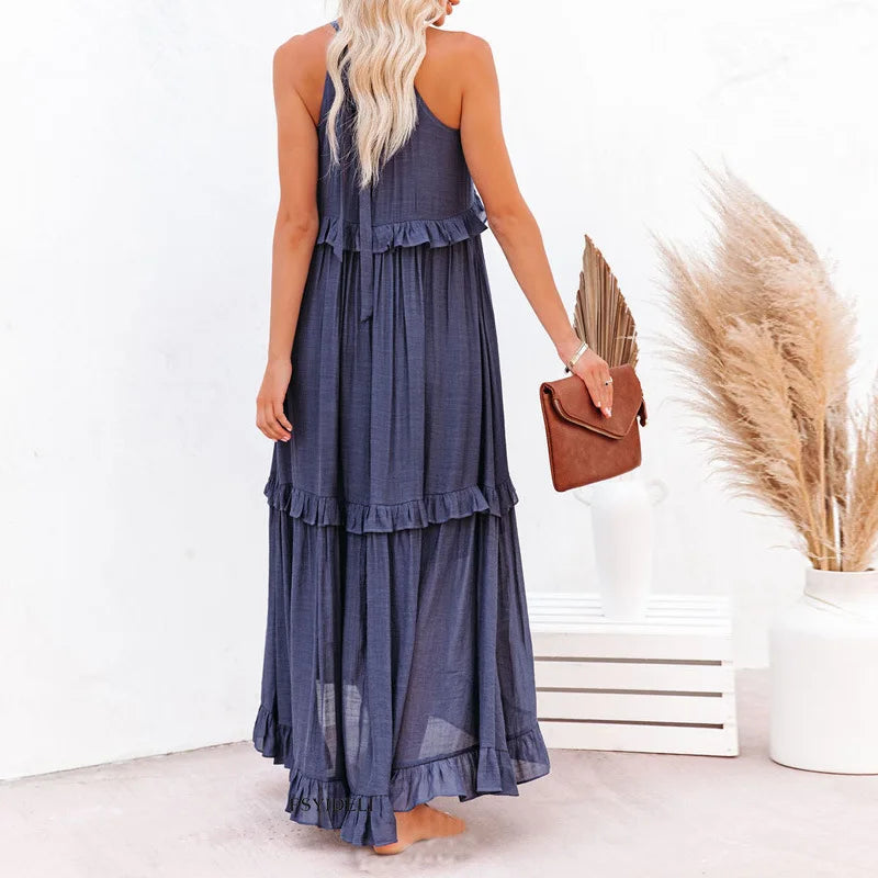 Women’s Maxi Dress – Lightweight Cotton – Halter Neck – Ruffle Tiered – Flowy Fit